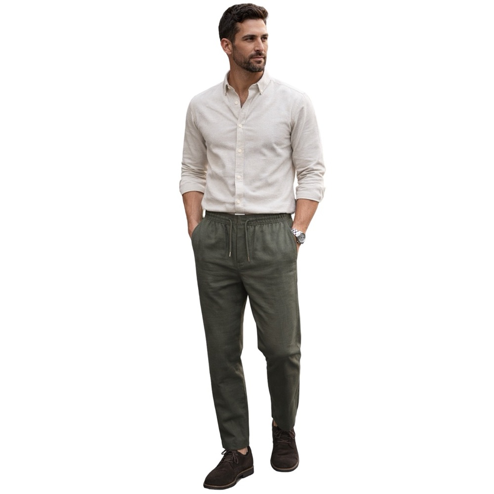 Good Fellow Men's Olive Green Pants Cotton Linen Blend Travel Old Money Preppy